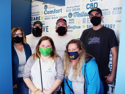 Wendy Thompson (l) and her staff of budtenders, Matt Morrisey, Pat Morrisey, Krystal Goetghebeur, Ryan McPhee  and Liz Gilroy, (Brittany Thompson and Kaitlin Brown were off) at 41 Cannabis Co. in Northbrook. Photo/Craig Bakay